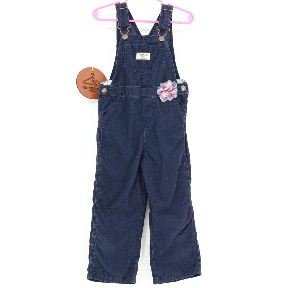 OshKosh Bgosh Toddler Navy Blue Corduroy Vestbak Overalls Size 3T Flower Accent